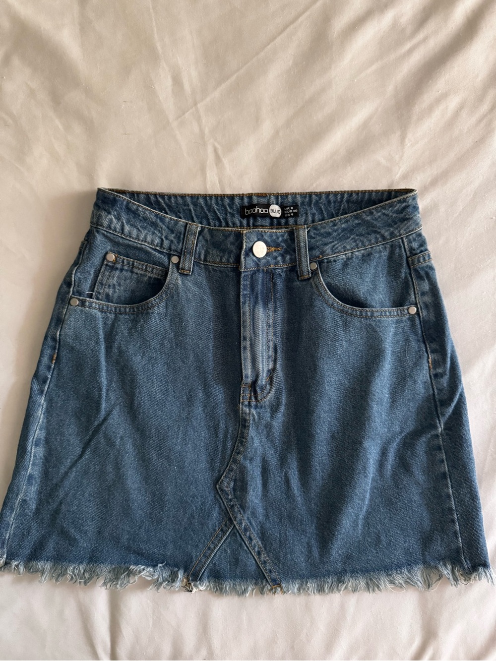 Boohoo Blue Denim Mini Skirt with Raw Hem